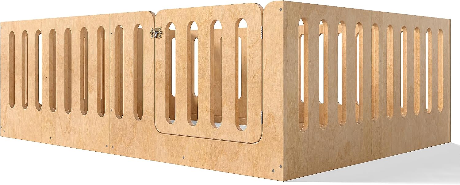 Bellemave Queen Size Kids Montessori Floor Bed,Queen Size Floor Bed Frame with High Fence and Door,Solid Wood Montessori Bed for Girls Boys,Natural