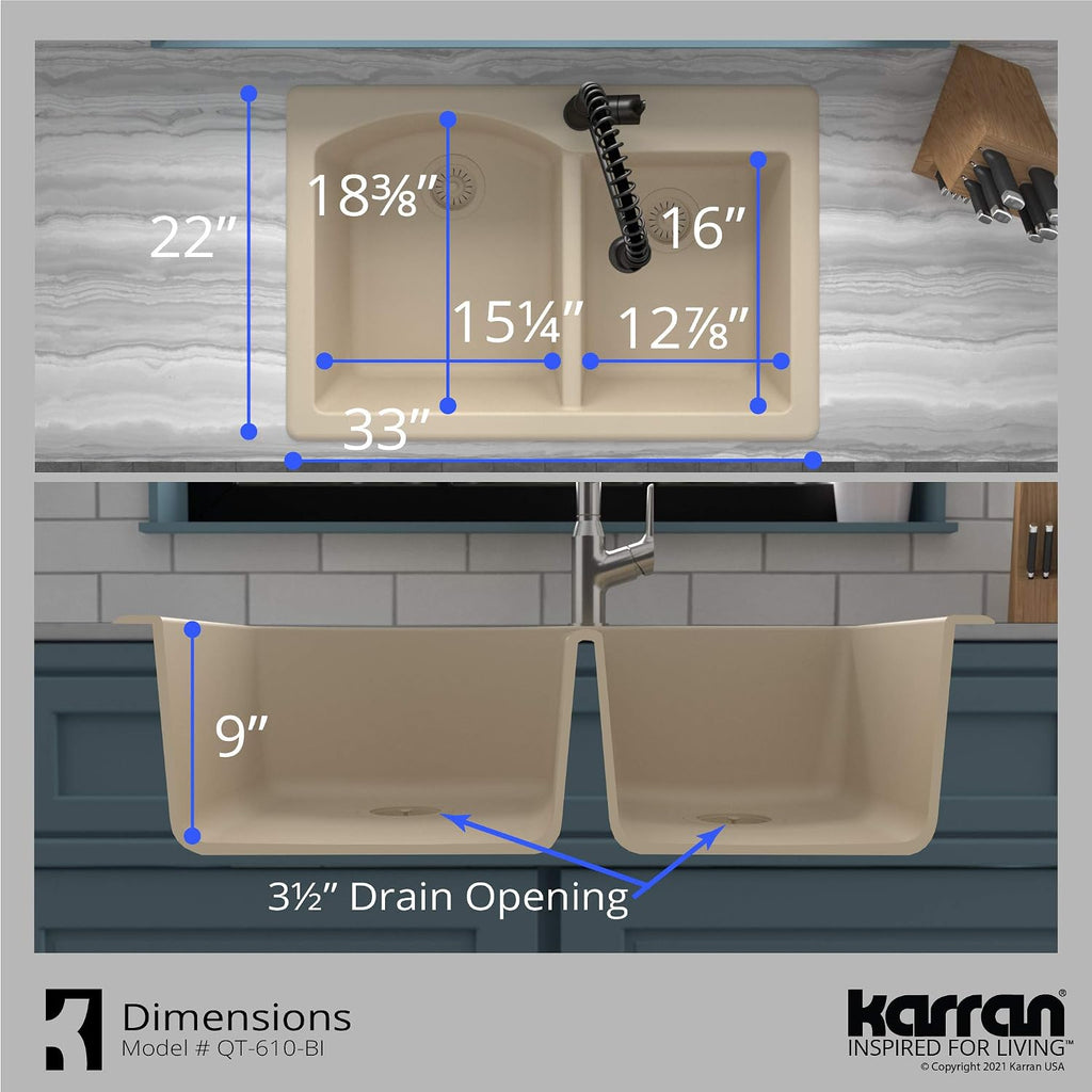 Karran 33' Drop-In/Top Mount Quartz Composite 1-Hole 60/40 Double Bowl Kitchen Sink in Bisque