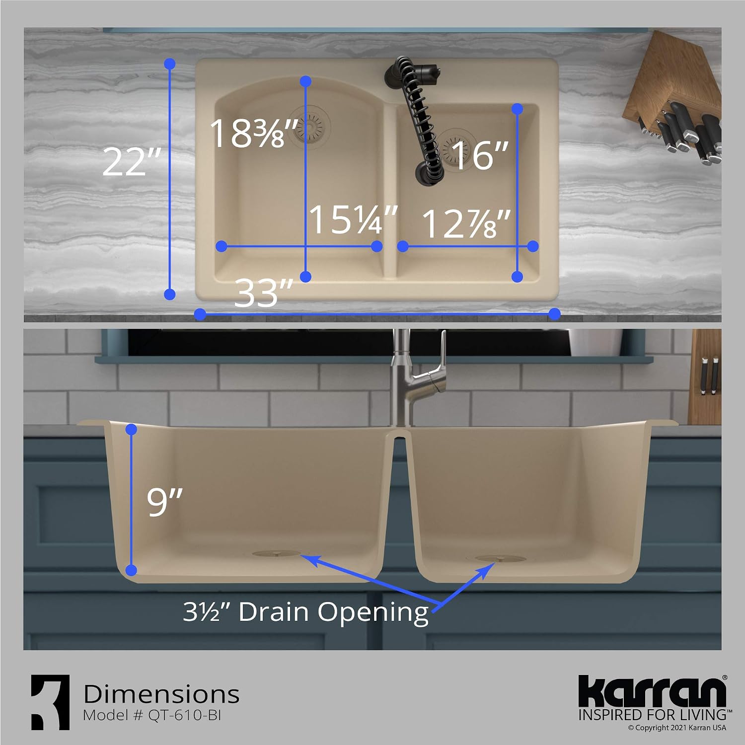 Karran 33' Drop-In/Top Mount Quartz Composite 1-Hole 60/40 Double Bowl Kitchen Sink in Bisque