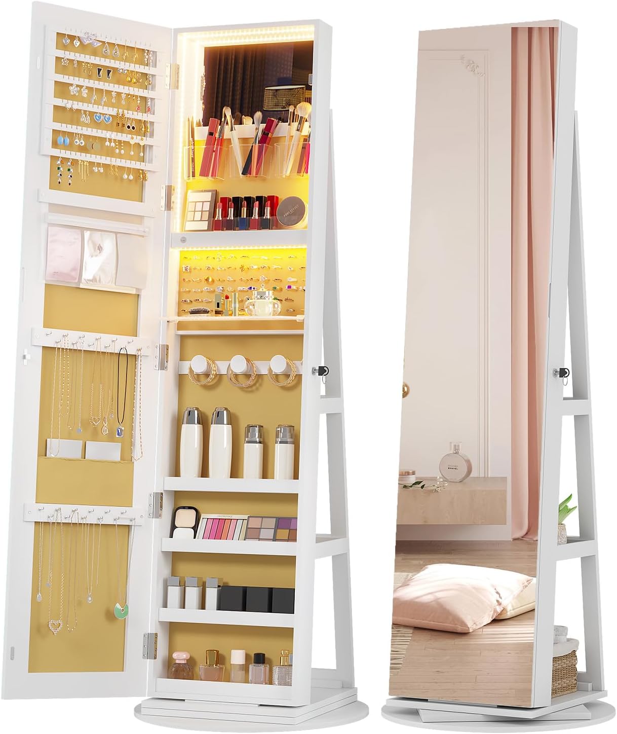 Vlsrka LED Mirror Jewelry Cabinet, Lockable Jewelry Armoire Cabinet Standing, Rotatable Full Length Mirror with Storage, Interior Mirror, Foldable Makeup Shelf, Beige Lining, White
