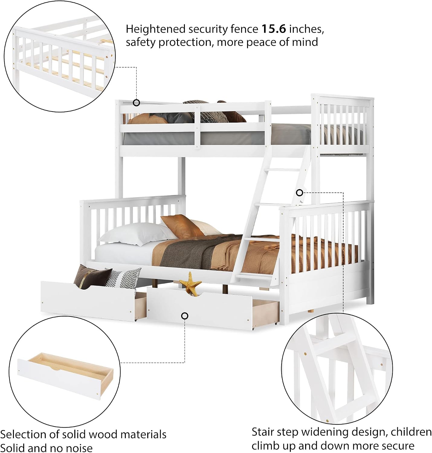 Merax Wood Bunk Bed with Drawers,Convertible Wood Bunk Bed with Ladders and Two Storage Drawers,Solid Wood Detachable Bed Frame with Ladders,Twin Over Full Size,White