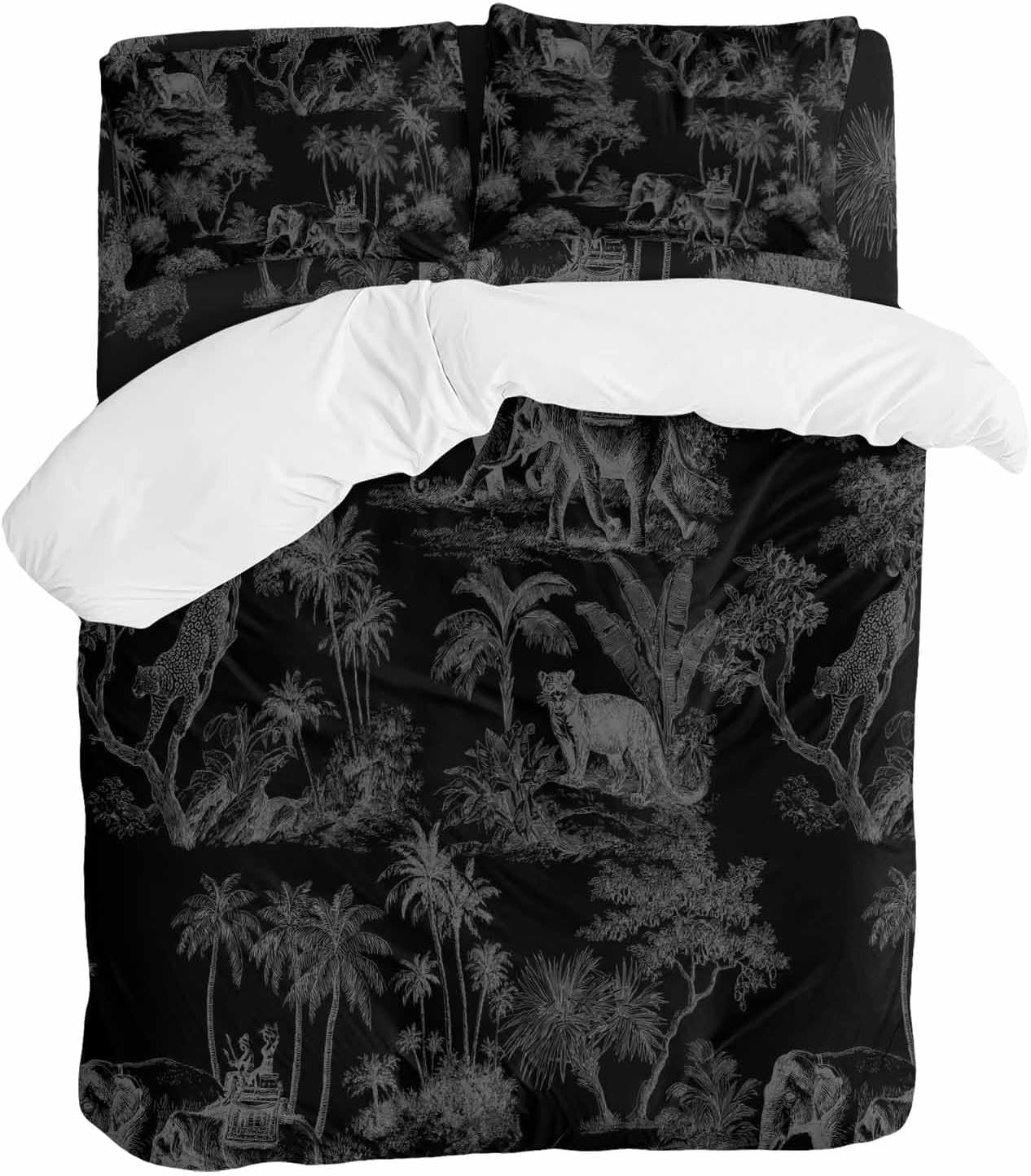 Prime Leader Forest Animal Duvet Cover Set Queen Size 4 Pieces Vintage Forest Elephant Leopard Black Bedding Set with Zipper Closure, 1 Comforter Cover 86x86 Inches 1 Flat Sheet & 2 Pillow Cases