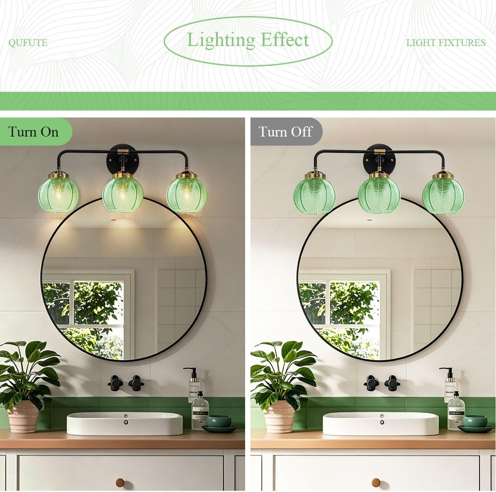 Bathroom Light Fixtures Vanity Wall 3-Light Coastal Vanity Lights Emerald Green Vintage Wall Lamp with Glass Globe Shade Modern Glass Wall Vanity Lighting for Mirror Kitchen Cabinet
