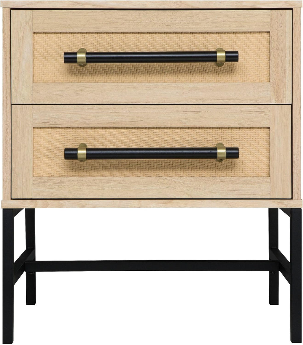 Sophia 2-Drawer Nightstand in Natural Oak Look with Rattan Panels and Minimalist Black Metal Frame- Perfect Bedroom Storage for Small Spaces, Large Suites, or Living Rooms