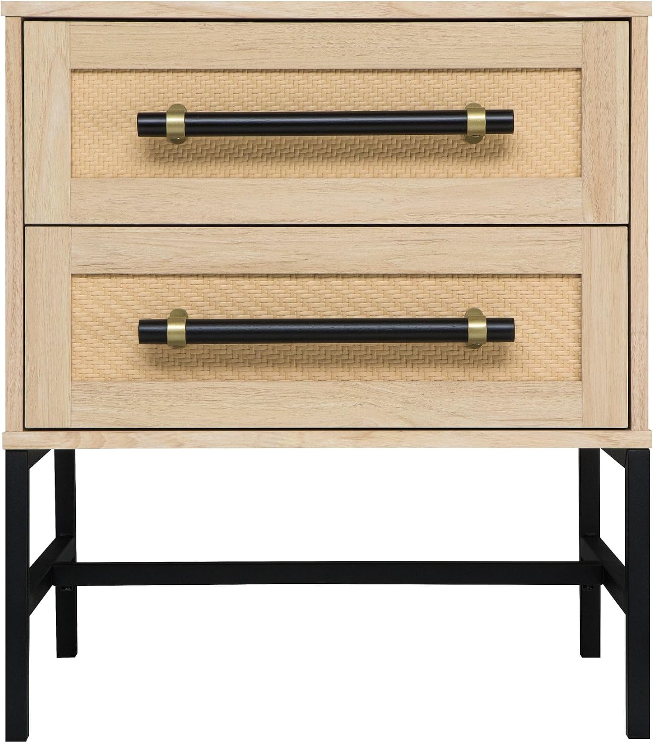 Sophia 2-Drawer Nightstand in Natural Oak Look with Rattan Panels and Minimalist Black Metal Frame- Perfect Bedroom Storage for Small Spaces, Large Suites, or Living Rooms