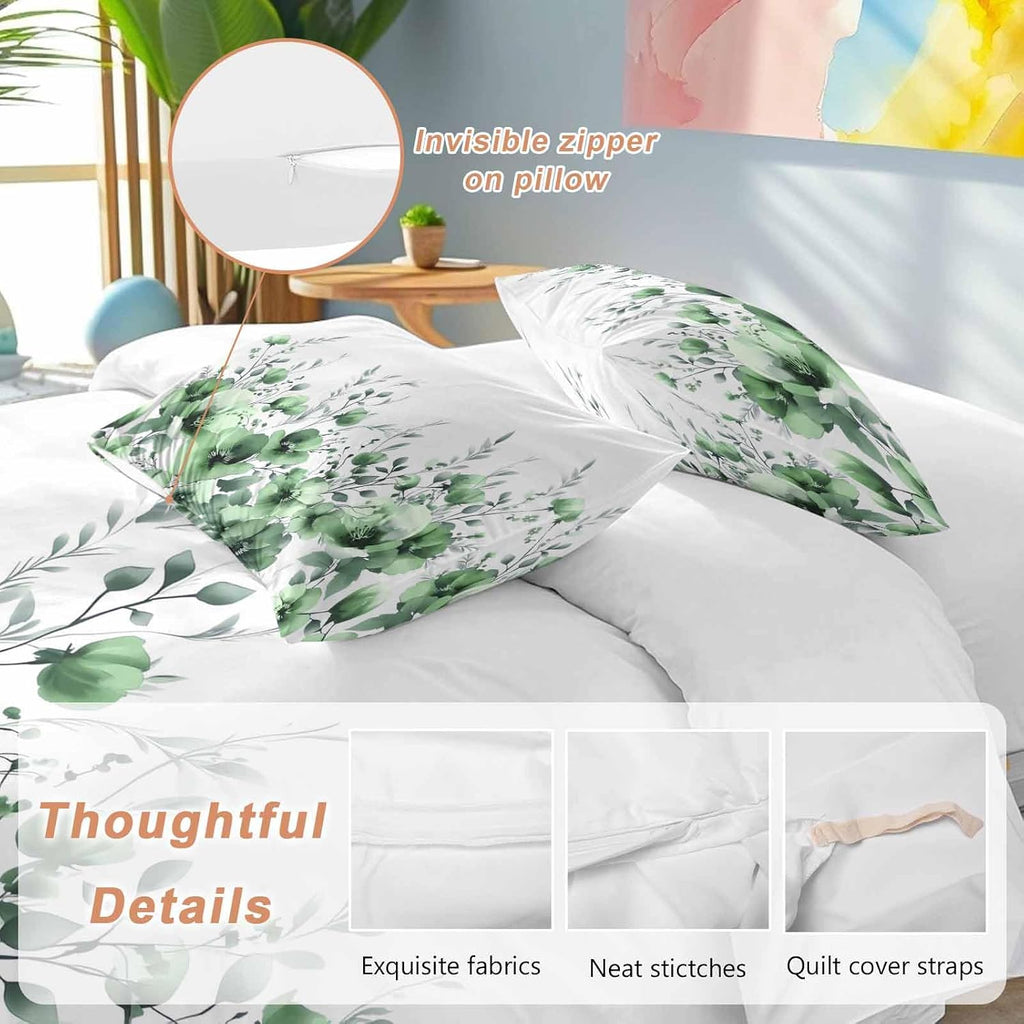 Prime Leader Spring Floral Duvet Cover Set Queen Size 4 Pieces Watercolor Green Flower Plants Country Bedding Set with Zipper Closure, 1 Comforter Cover 90x92 Inches 1 Flat Sheet & 2 Pillow Cases