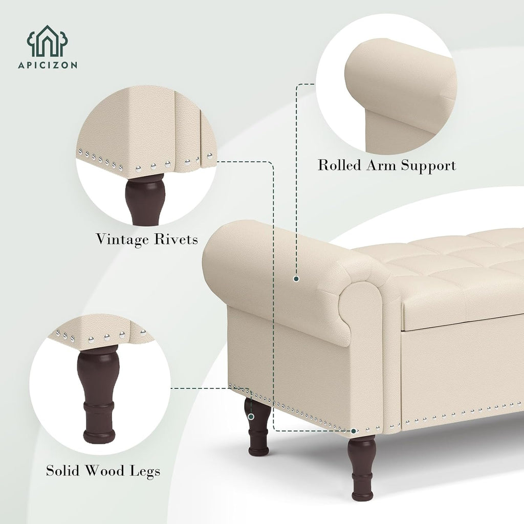 Apicizon 60' Bench with Storage, Faux Leather Ottoman Bench with Rolled Arm & Vintage Rivets, End of Bed Bench for Bedroom, Living Room, Entryway, Beige+Brown Legs