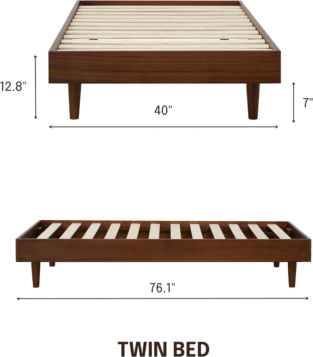 NTC Fly Wooden Bed Frame Without Headboard, Solid Wood Foundation with Silent Slats and Wood Central Supports, 350Lb Capacity, Effortless Assembly, Twin - Dark Walnut