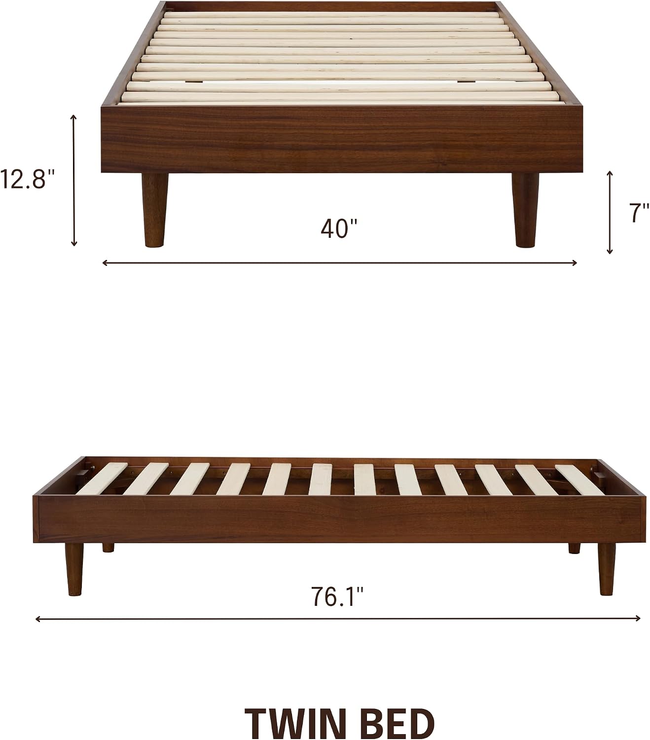 NTC Fly Wooden Bed Frame Without Headboard, Solid Wood Foundation with Silent Slats and Wood Central Supports, 350Lb Capacity, Effortless Assembly, Twin - Dark Walnut