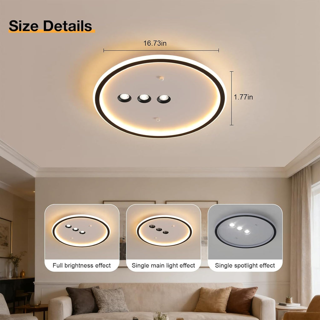 Shine LUEST Modern Round LED Flush Mount Ceiling Light with Black Finish & 3 Adjustable Spotlights, Dimmable Soft Glow Ceiling Lighting for Living Room Bedroom Hallway