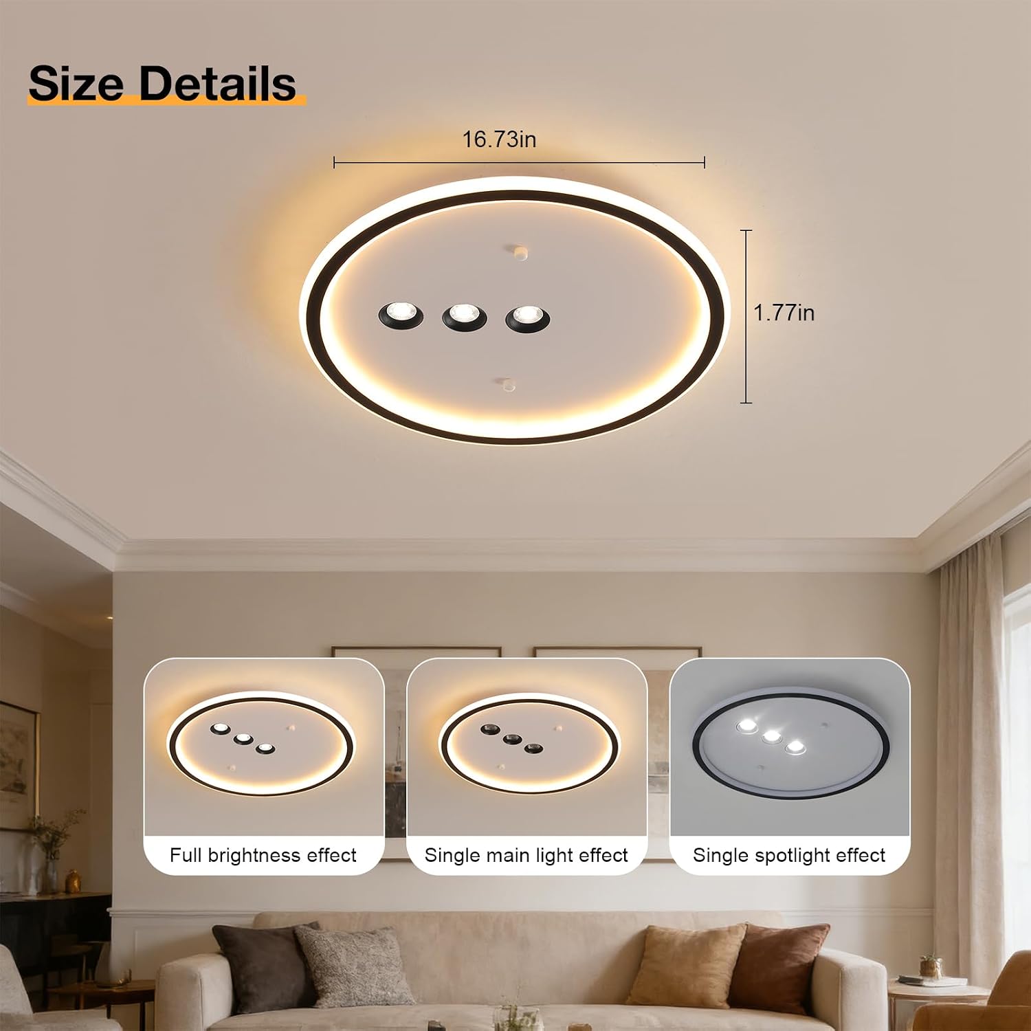 Shine LUEST Modern Round LED Flush Mount Ceiling Light with Black Finish & 3 Adjustable Spotlights, Dimmable Soft Glow Ceiling Lighting for Living Room Bedroom Hallway