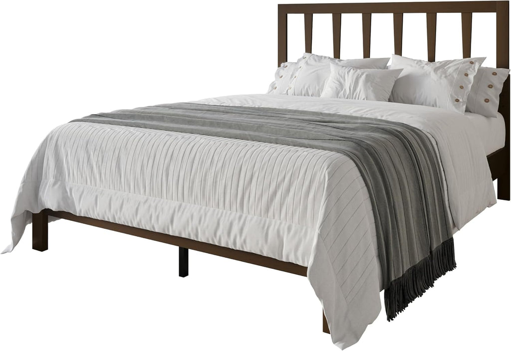 HOME DESIGN Elmira Twin Wood Platform Bed, Solid Wood Frame with Adjustable Height Headboard Leg, Easy Assembly, Brown Finish