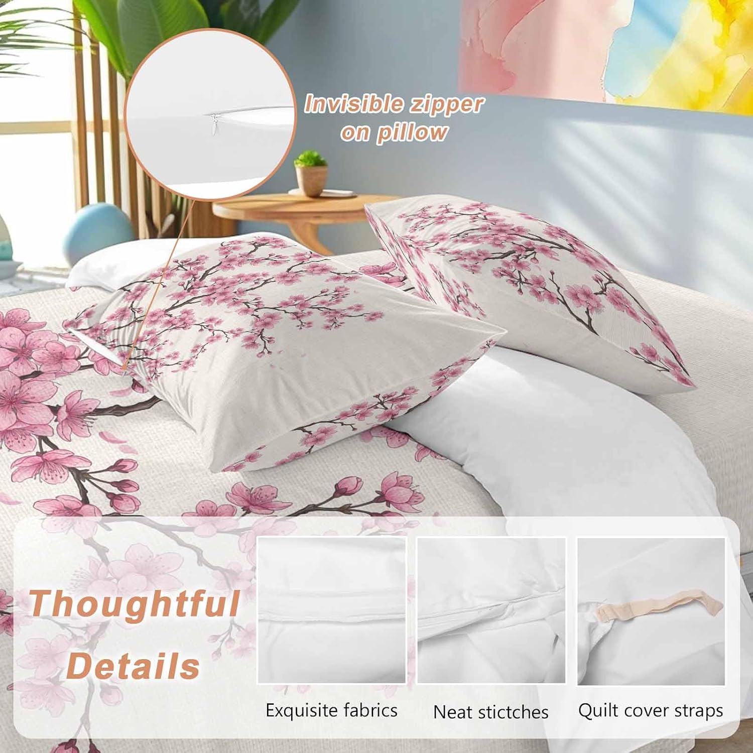 Pink Cherry Flowers Duvet Cover Set Queen Size 4 Pieces Watercolor Floral Tree Branches Linen Texture Bedding Set with Zipper Closure, 1 Comforter Cover 92x106 Inches 1 Flat Sheet & 2 Pillow Cases
