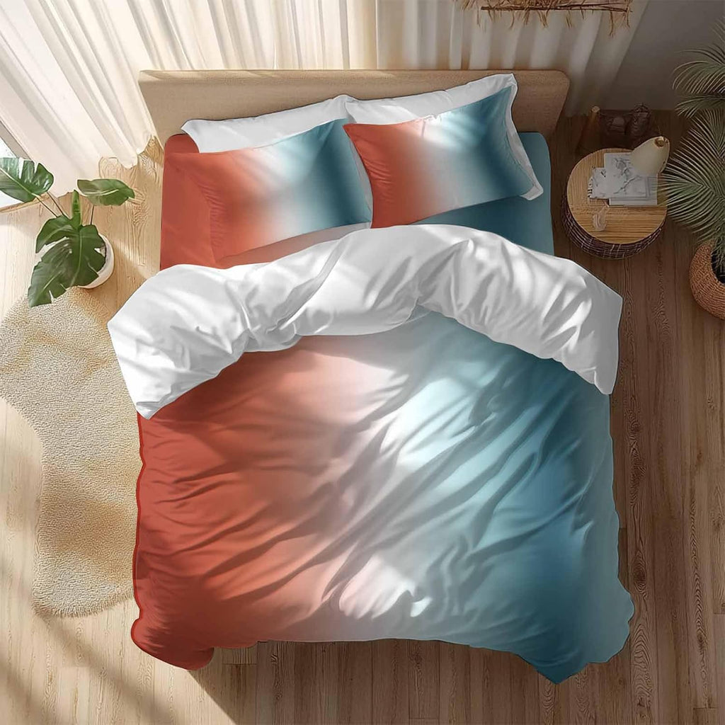 Gradient Orange Blue Duvet Cover Set Queen Size 4 Pieces Modern Abstract Minimalist Ocean Beach Bedding Set with Zipper Closure, 1 Comforter Cover 92x106 Inches 1 Flat Sheet & 2 Pillow Cases