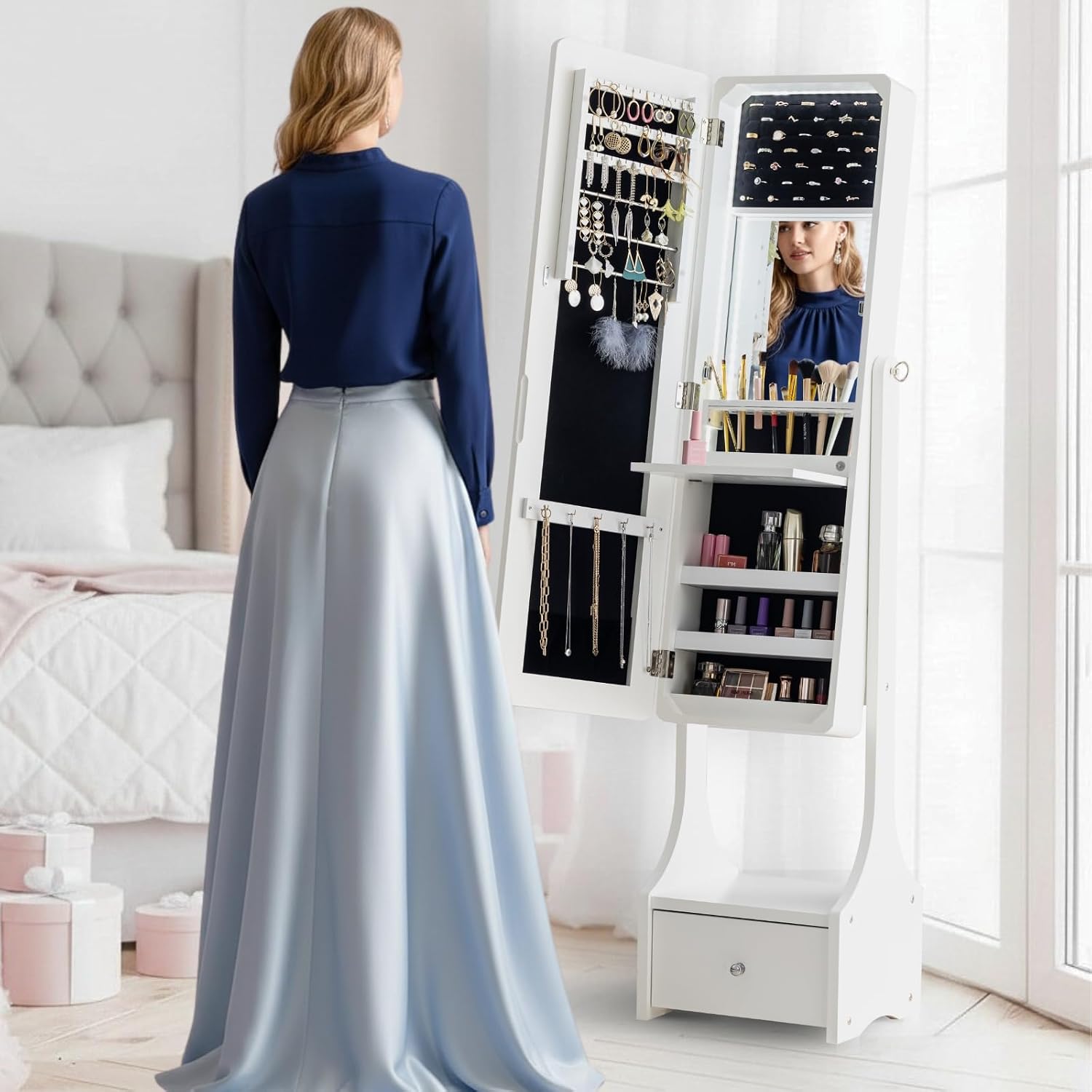 BTEXPERT Mirror Jewelry Cabinet Standing, Large Storage Jewelry Armoire, Full-Length Frameless Mirror with Jewelry Storage, 12 LED Lockable Standing Jewelry Organizer White