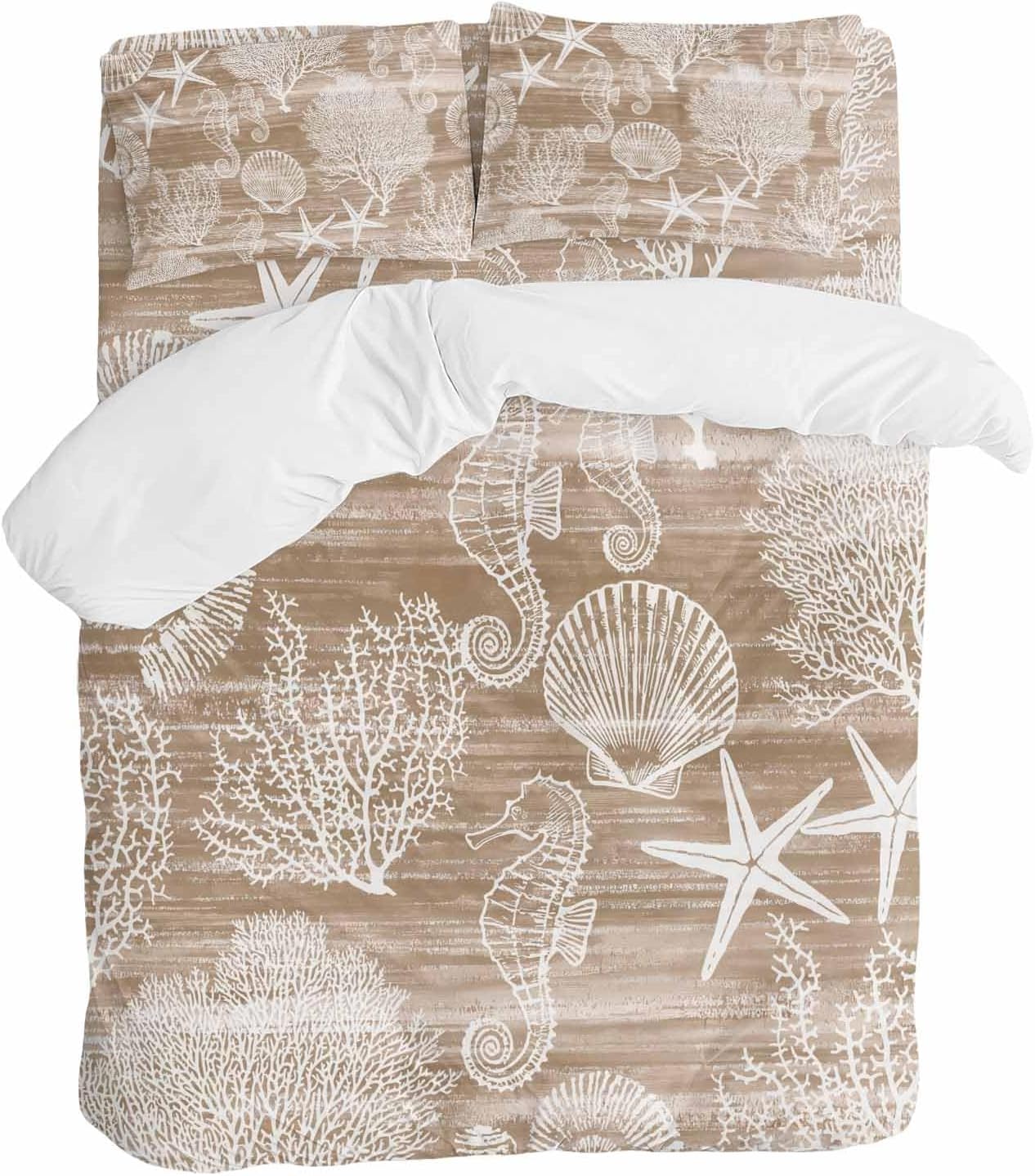 Prime Leader Brown Coastal Duvet Cover Set Queen Size 4 Pieces Nautical Starfish Seahorse Coral Summer Bedding Set with Zipper Closure, 1 Comforter Cover 92x106 Inches 1 Flat Sheet & 2 Pillow Cases