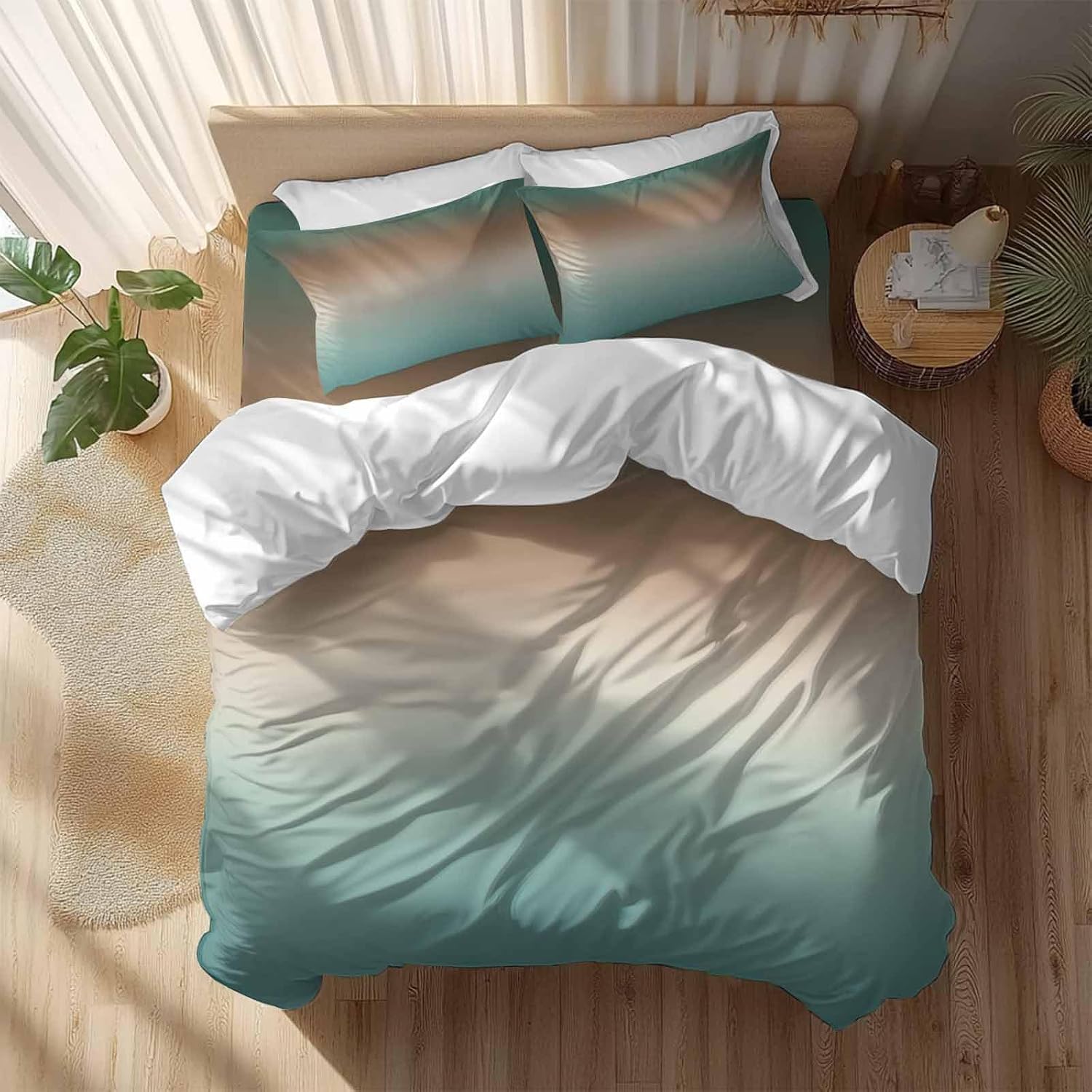Gradient Green Duvet Cover Set Queen Size 4 Pieces Modern Minimalist Green Brown Ocean Beach Bedding Set with Zipper Closure, 1 Comforter Cover 92x106 Inches 1 Flat Sheet & 2 Pillow Cases