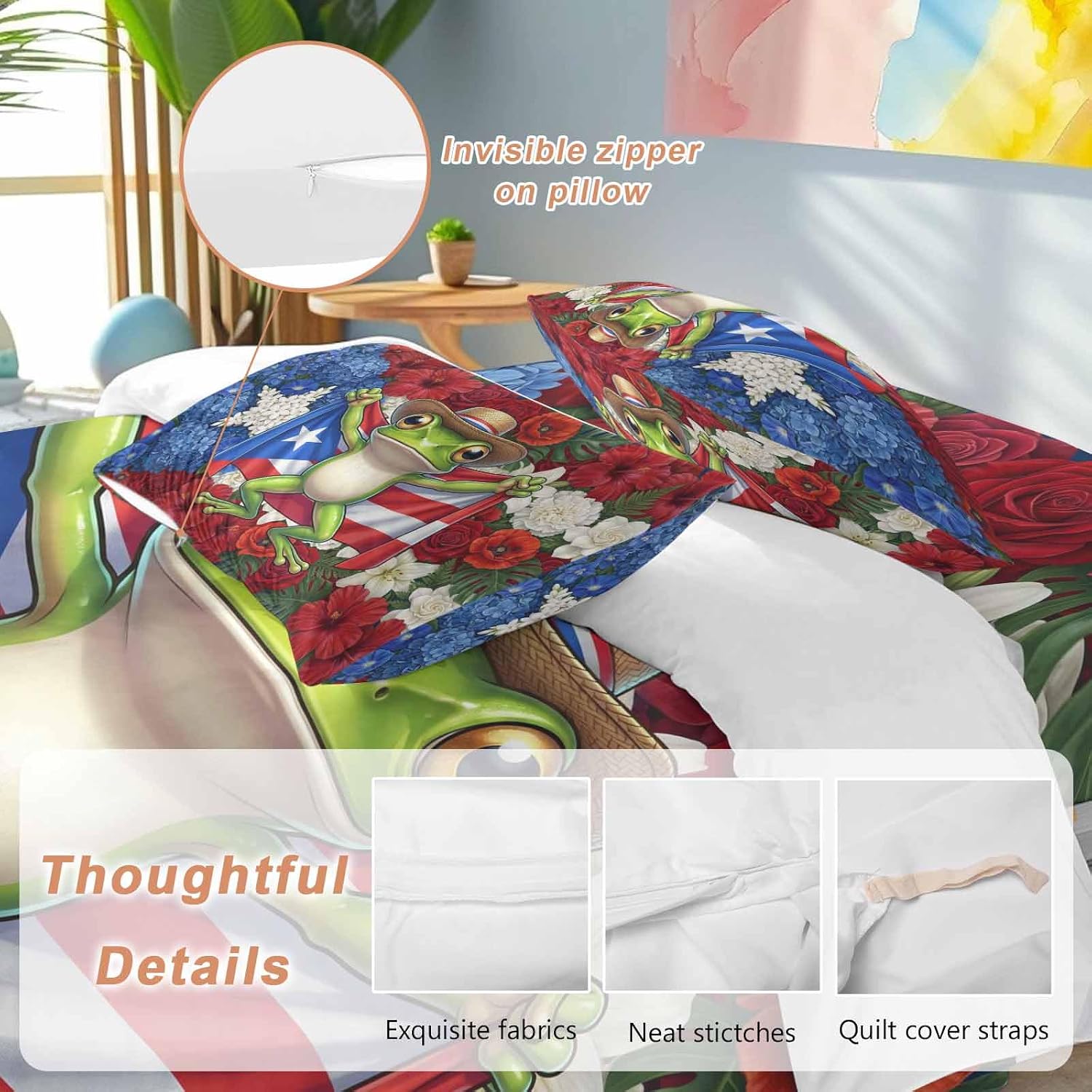 Puerto Rican Duvet Cover Set Queen Size 4 Pieces Flag Themed Watercolor Flowers Cartoon Funny Frog Bedding Set with Zipper Closure, 1 Comforter Cover 92x106 Inches 1 Flat Sheet & 2 Pillow Cases
