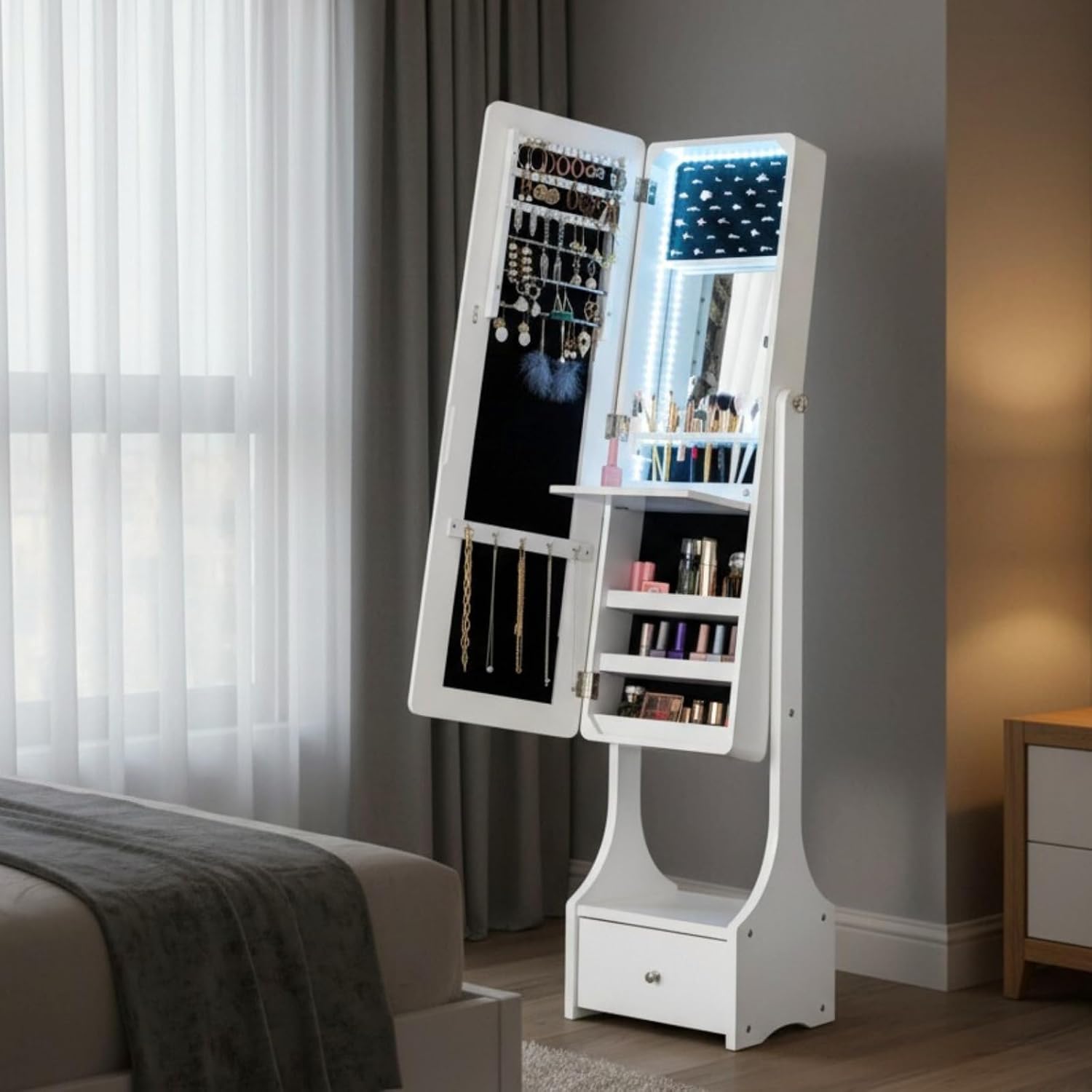 BTEXPERT Mirror Jewelry Cabinet Standing, Large Storage Jewelry Armoire, Full-Length Frameless Mirror with Jewelry Storage, 12 LED Lockable Standing Jewelry Organizer White