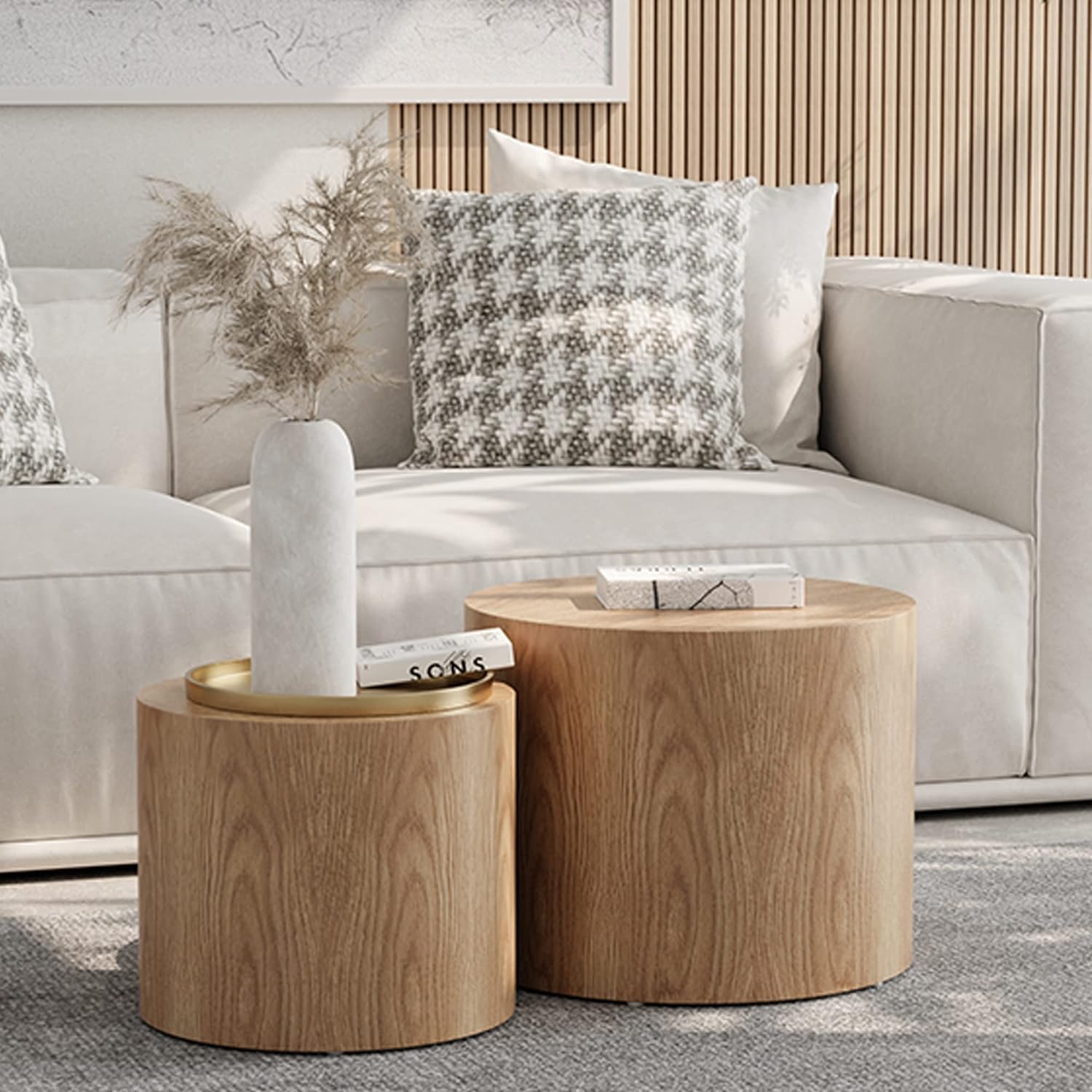 Black Round Nesting Coffee Table Set of 2, Modern Wood Side Table Full Assembly for Small Space Living Room Apartment - Oak