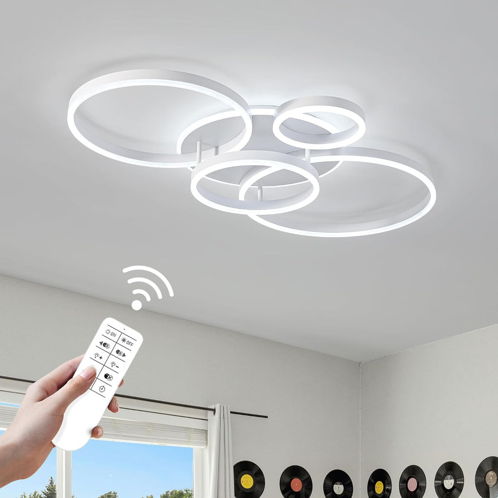 O'NEELDY Modern Light Fixtures Ceiling Flush Mount Modern Led Ceiling Lights 5-Light Dimmable Led Chandelier White Lamp with Remote for Bedroom Living Room Kitchen Dining Room, 100W