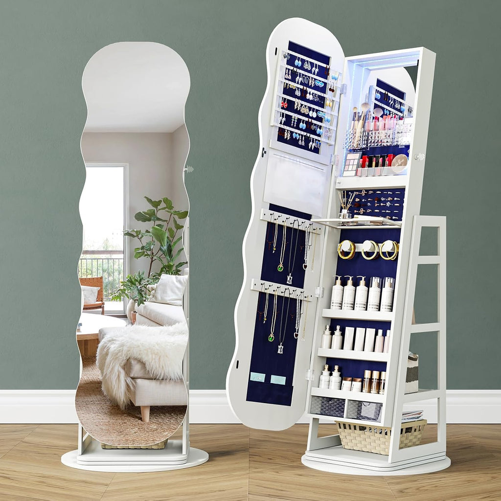 HNEBC 360° Swivel Jewelry Cabinet with Lights, LED Jewelry Armoire with Mirror, Wavy Wide Full-Length Mirror with Storage, Lockable Mirror Jewelry Cabinet Standing (White)