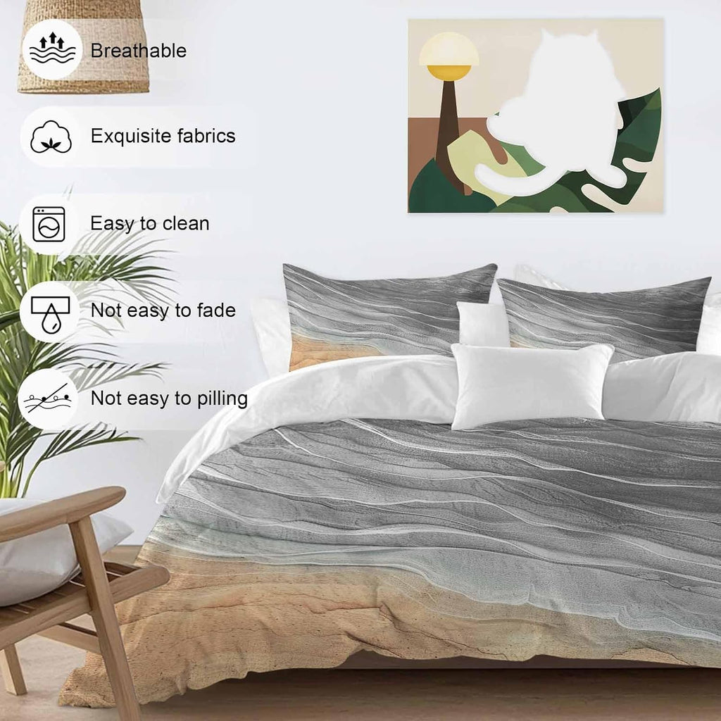 Prime Leader Abstract Grey Duvet Cover Set Queen Size 4 Pieces Ocean Beach Waves Lines Gradient Bedding Set with Zipper Closure, 1 Comforter Cover 86x86 Inches 1 Flat Sheet & 2 Pillow Cases