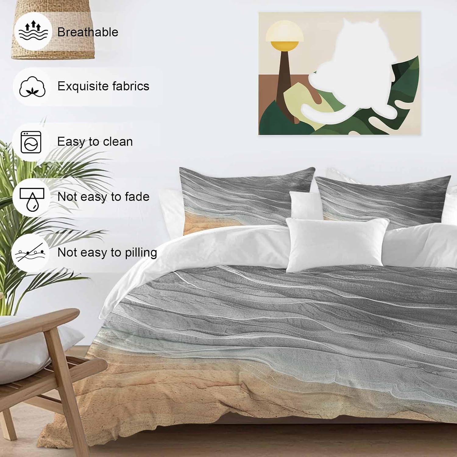 Prime Leader Abstract Grey Duvet Cover Set Queen Size 4 Pieces Ocean Beach Waves Lines Gradient Bedding Set with Zipper Closure, 1 Comforter Cover 86x86 Inches 1 Flat Sheet & 2 Pillow Cases