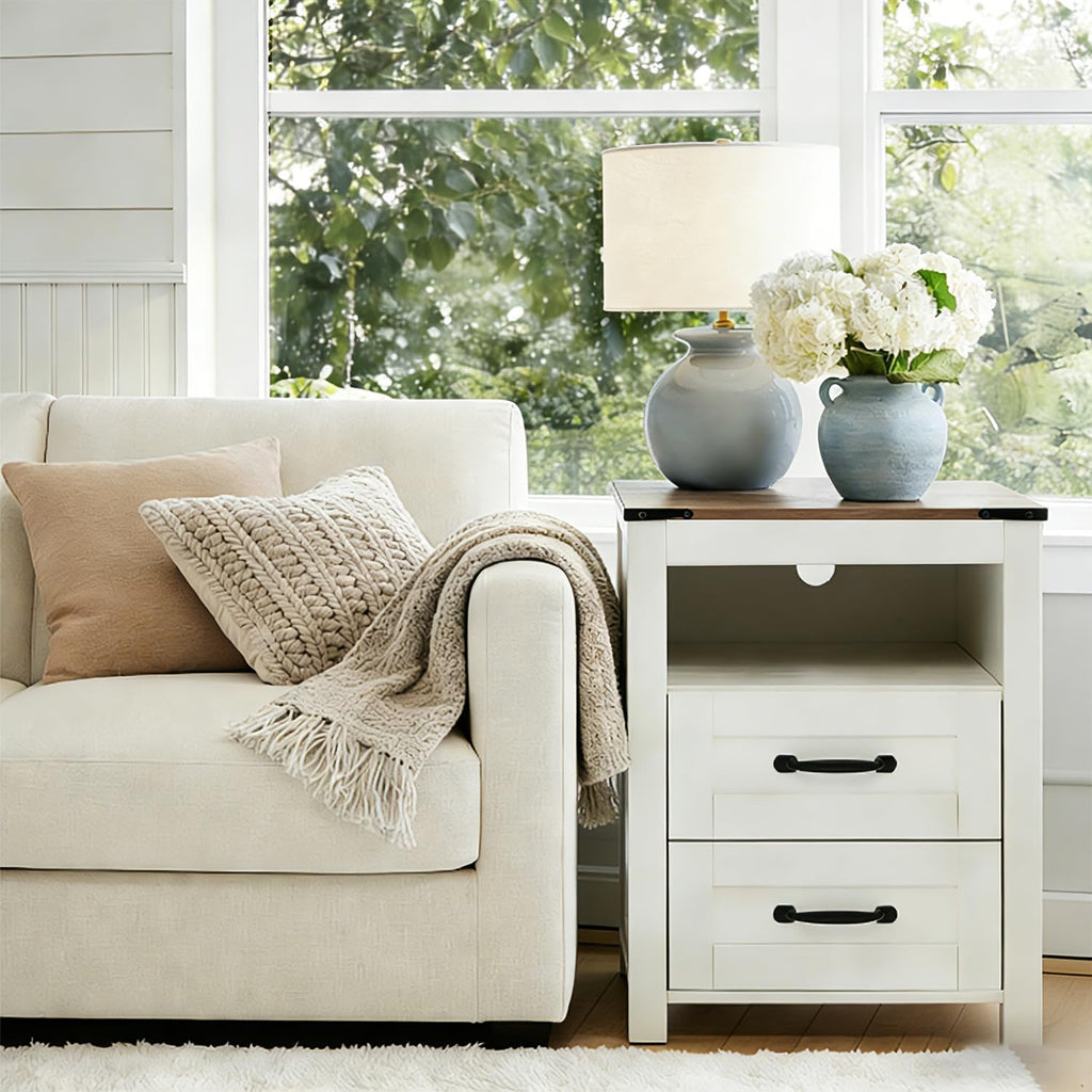 Farmhouse Night Stand Set of 2, Rustic White Nightstand for Bedroom, End Tables with Charging Station, Bedside Table with Drawers, Wood Bedside Cabinet Dresser