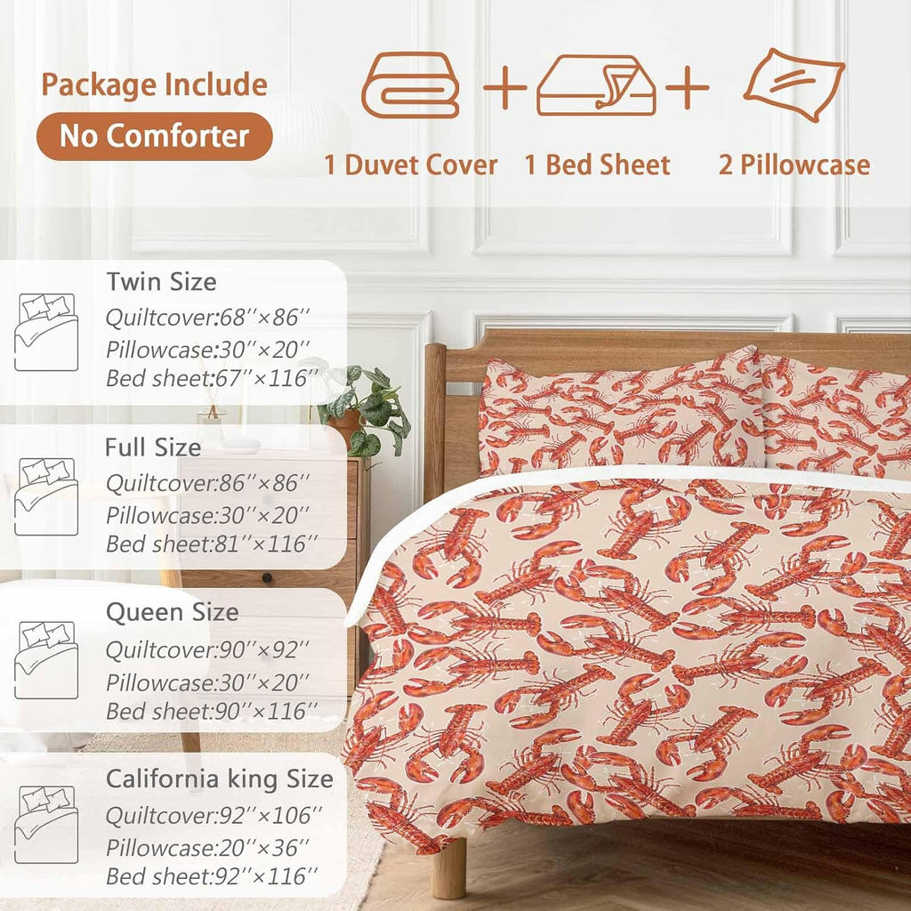 Red Lobster Duvet Cover Set Queen Size 4 Pieces Summer Crawfish Ocean Animal Minimalist Art Retro Bedding Set with Zipper Closure, 1 Comforter Cover 92x106 Inches 1 Flat Sheet & 2 Pillow Cases