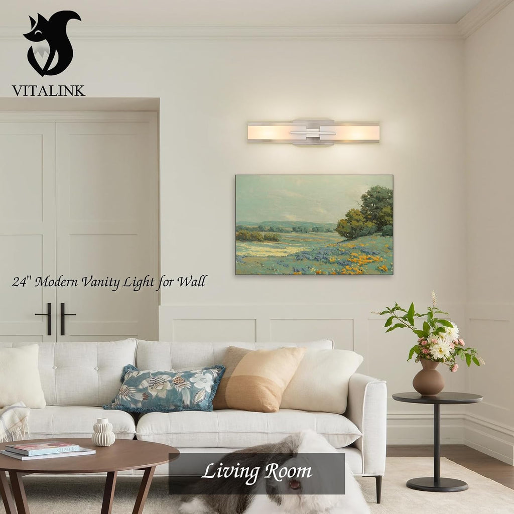 VitaLink 24' Bathroom Vanity Light, Satin Nickel 2-Light Frosted Glass Wall Lights for Bathroom Hardwired Wall Mount Lighting Fixtures for Living Room Bedroom E12