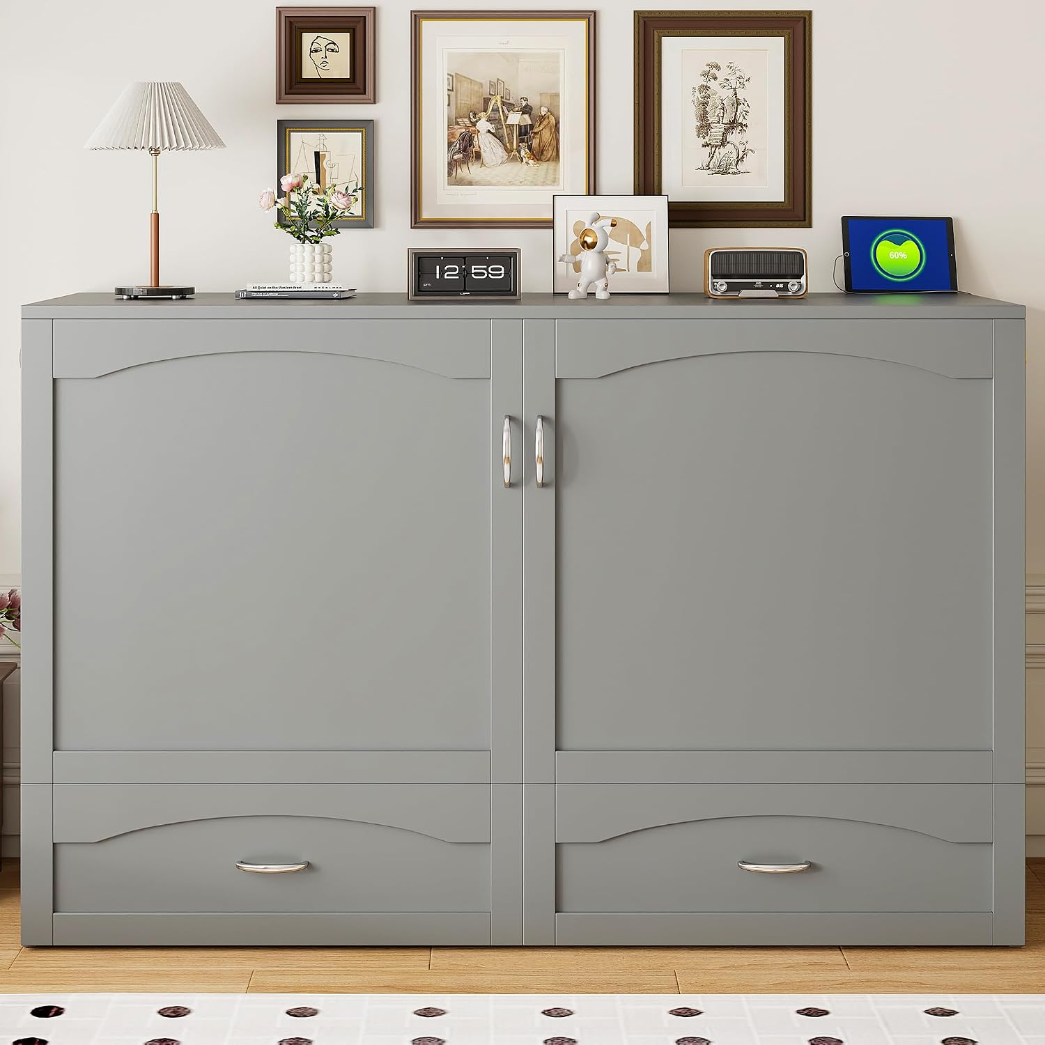 Queen Size Murphy Bed Wall Bed with Storage Drawer and a Set of Sockets & USB Ports, Space-Saving for Multipurpose Guest Room or Home Office, Gray