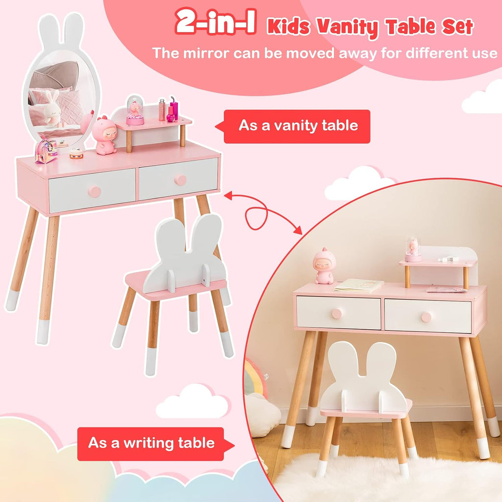 GLACER Kids Vanity & Jewelry Armoire, Princess Dressing Table and Chair Set, Wood Kids Dress Up Storage with Full-Length Mirror, 2 Adjustable Tilt Angles, Kids Bedroom Furniture Set for Girls (White)