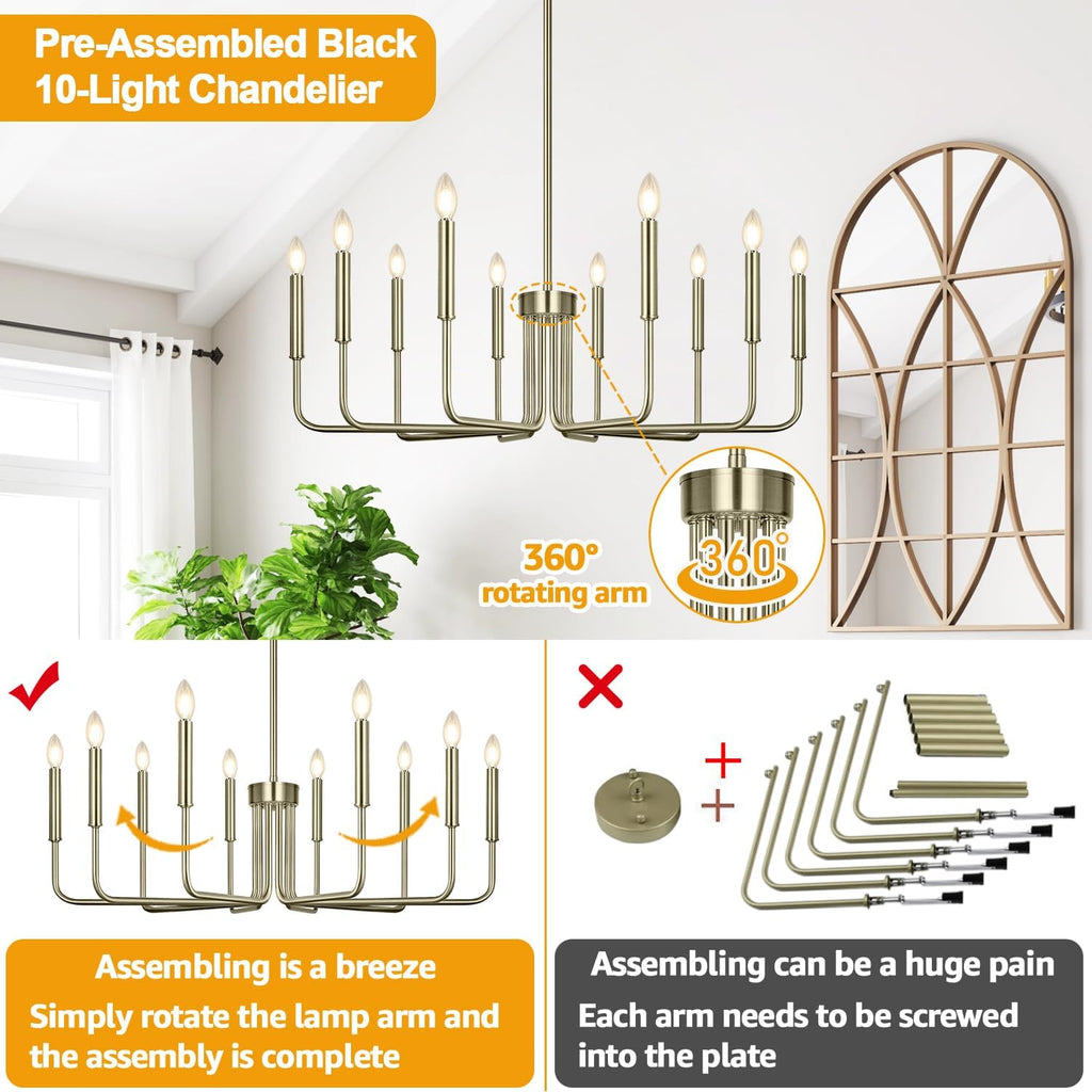 Lynnoland Brass 10-Light Farmhouse Chandelier for Dining Room Lighting Fixtures Hanging, Vintage Candle Pendant Light Fixtures Chandelier for Bedroom, Foyer and Living Room