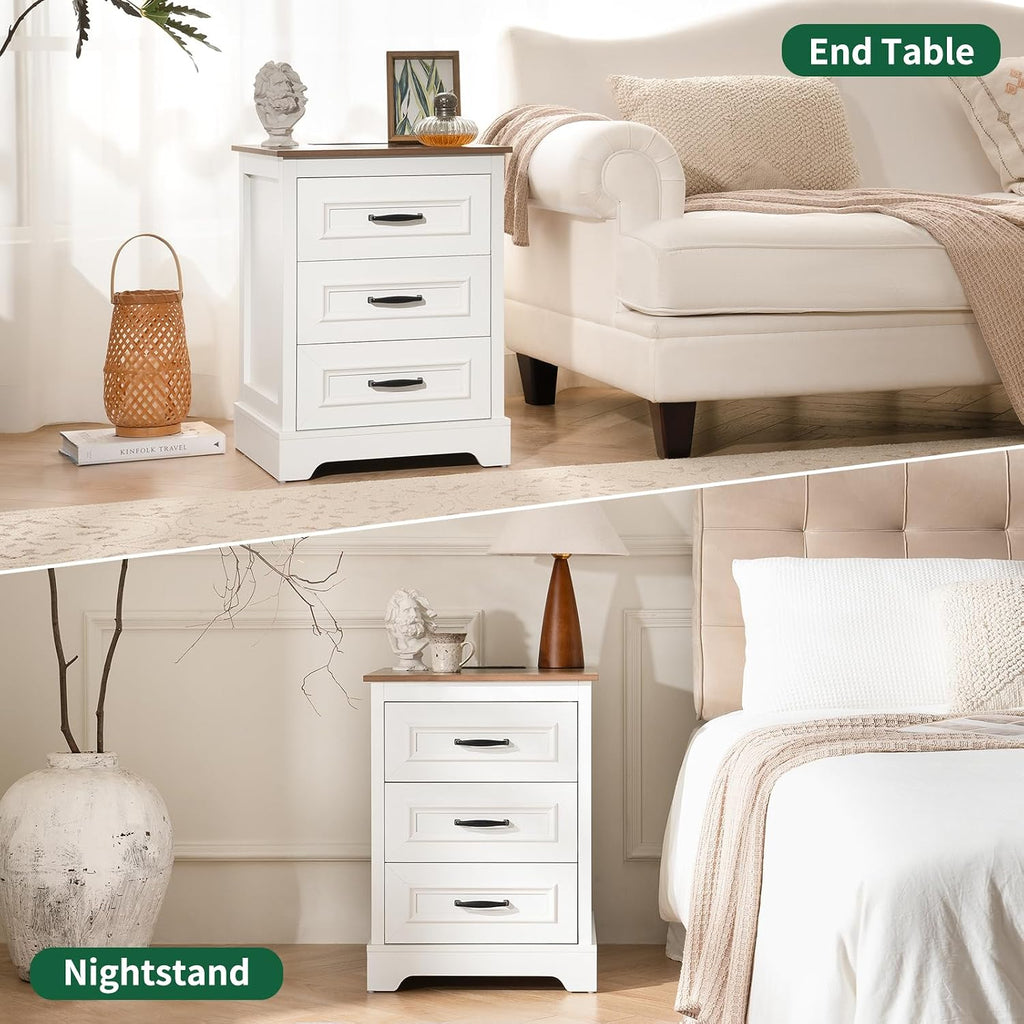 Farmhouse Nightstand with Charging Station- Wood Night Stand Set 2, 3 Drawer Nightstands Set of 2, Bedside Table with Storage, Rustic Night Stands for Bedroom, Closet, 18' Wide, 24' Tall