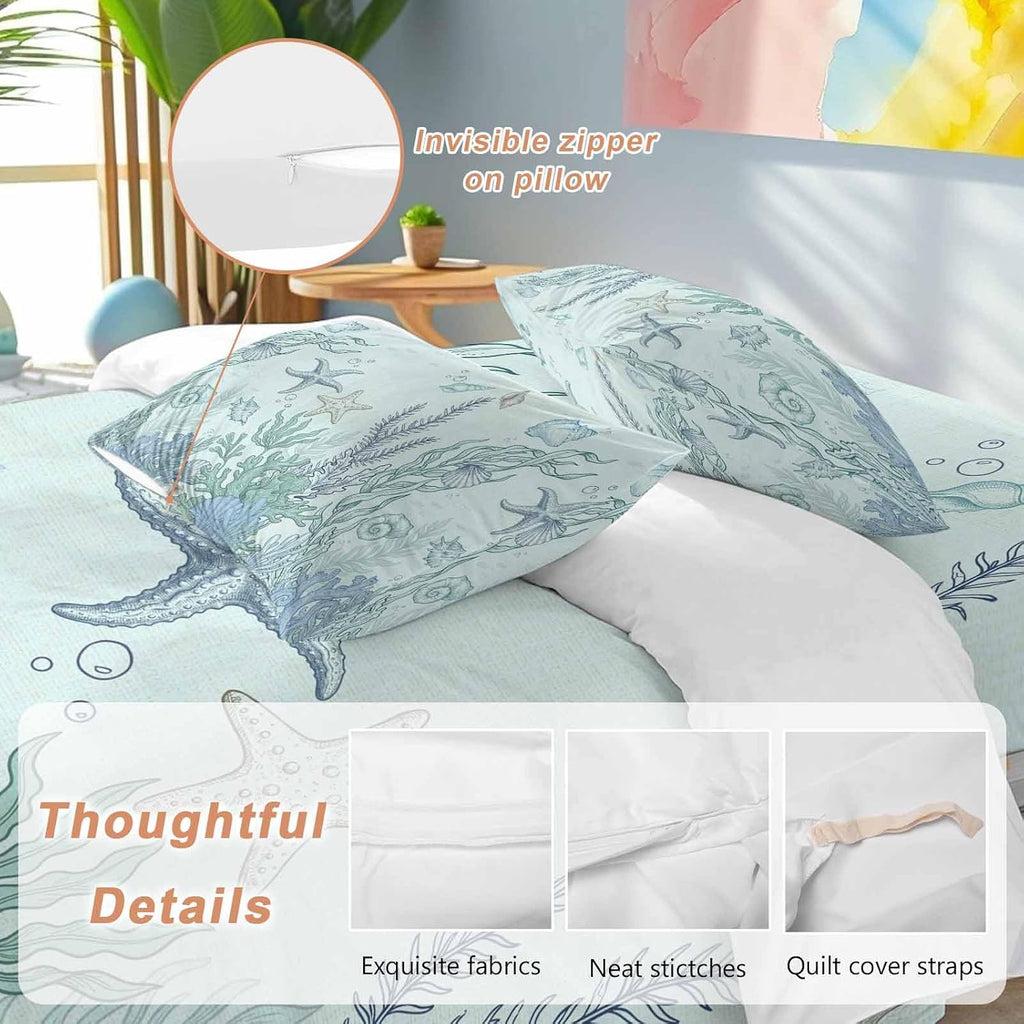 Marine Life Duvet Cover Set Queen Size 4 Pieces Starfish Coral Blue Shell Ocean Summer Green Bedding Set with Zipper Closure, 1 Comforter Cover 92x106 Inches 1 Flat Sheet & 2 Pillow Cases