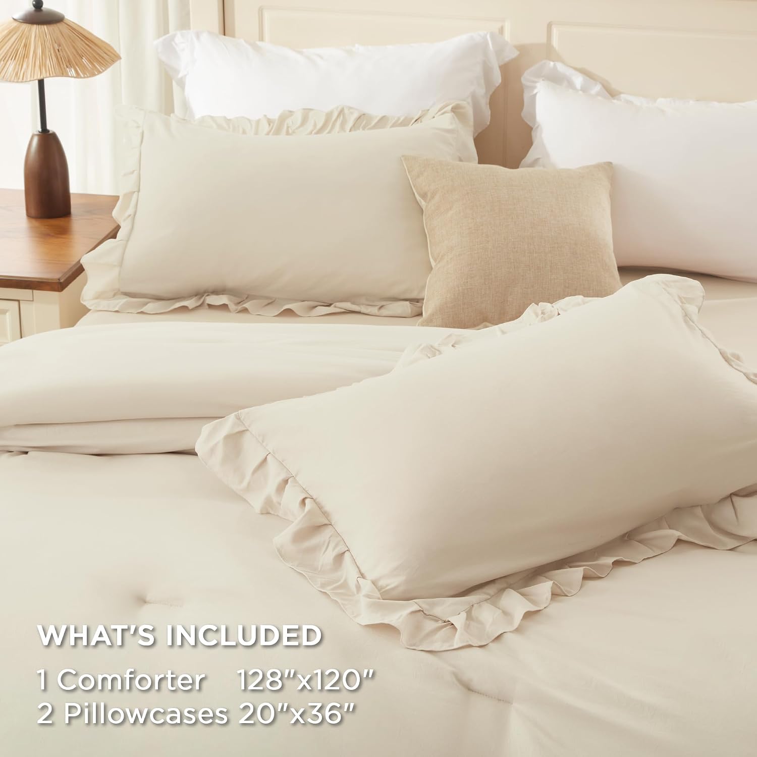 Andency Super King Plus Ruffle Comforter Set, 3 Pieces Soft Farmhouse Shabby Chic Bedding Set, Lightweight Oversized California King Comforter Set 128x120 (1 Comforter 2 Pillowcases), Beige