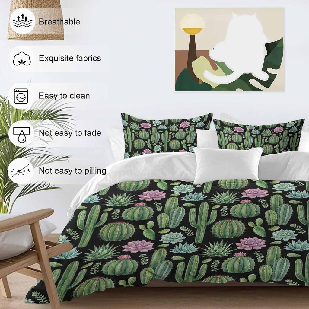 Summer Botanical Duvet Cover Set Queen Size 4 Pieces Tropical Saguaro Opuntia Green Cactus Black Bedding Set with Zipper Closure, 1 Comforter Cover 92x106 Inches 1 Flat Sheet & 2 Pillow Cases