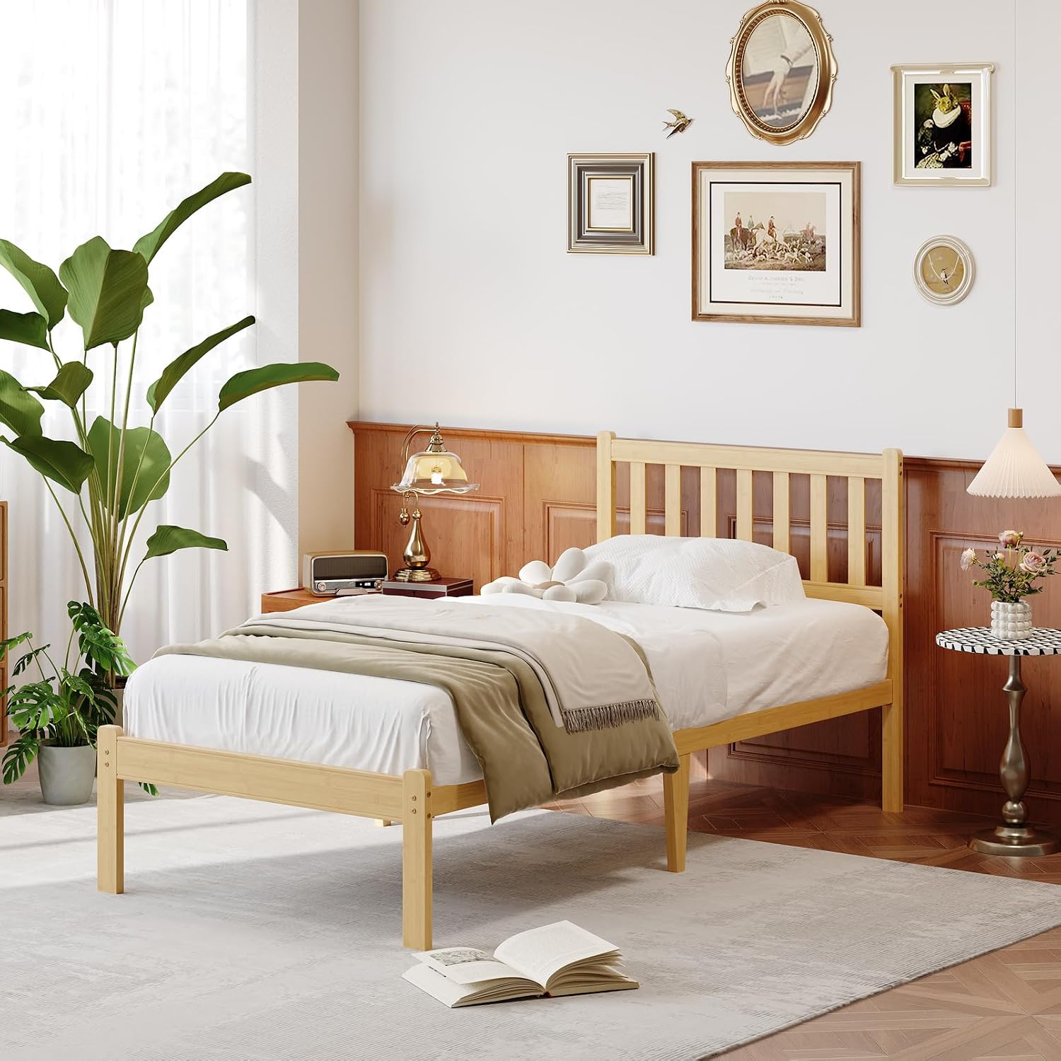 14 in High Solid Bamboo Wood Twin XL Bed Frame with Headboard, Platform Twin XL Size Bed Frame, Heavy Duty, No Box Spring Needed, Nosie Free