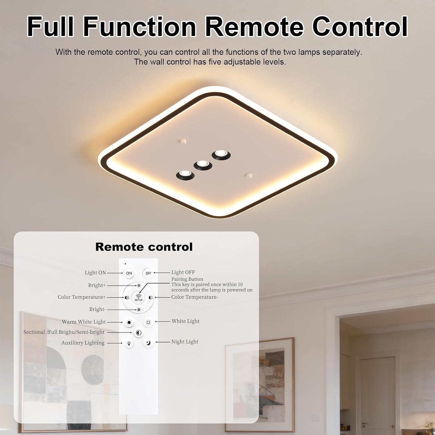 Shine LUEST Square Diamond LED Ceiling Light with 3 Adjustable Spotlights, Dimmable Flush Mount Lighting Fixture, Black & White for Bedroom Living Room Kitchen Hallway
