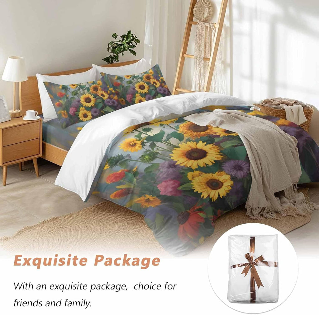 Spring Florals Duvet Cover Set Queen Size 4 Pieces Watercolor Sunflowers Country Green Leaves Bedding Set with Zipper Closure, 1 Comforter Cover 92x106 Inches 1 Flat Sheet & 2 Pillow Cases