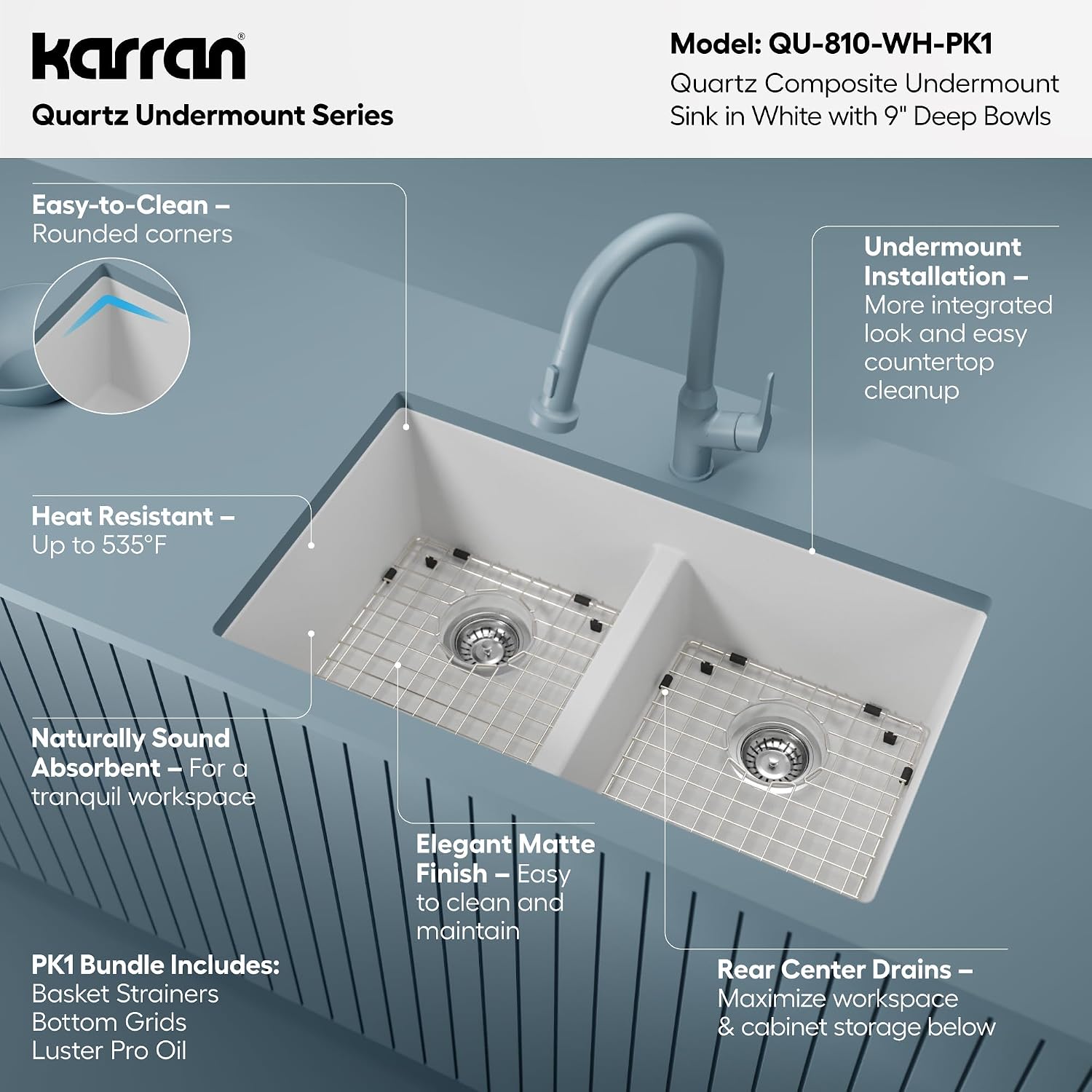 Karran QU-810 32' Undermount Double Bowl Quartz Kitchen Sink Kit, White Composite, Equal Bowls, Scratch Resistant, Heat Safe, Noise Reducing, Includes Grids & Strainers