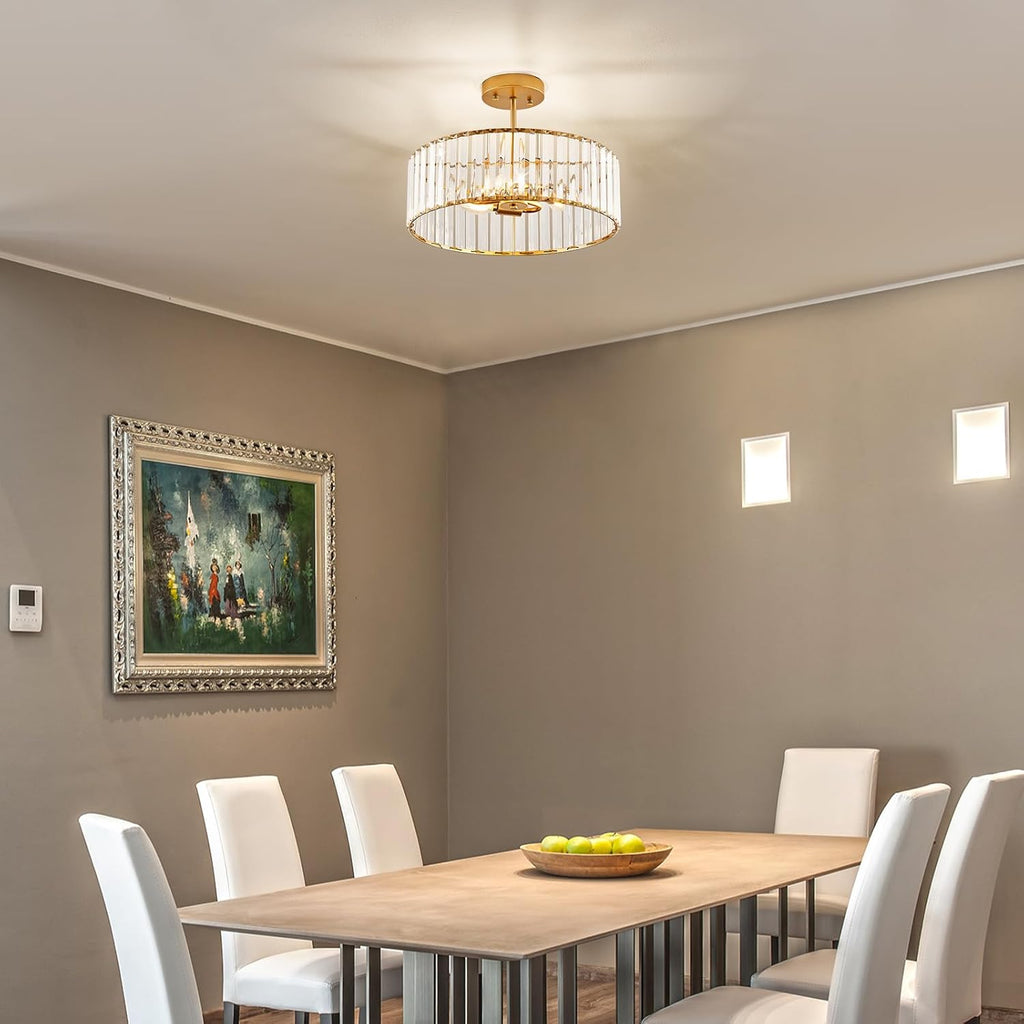 Modern Gold Semi Flush Mount Ceiling Light Crystal 3-Light Light Fixture 15.75 Inch Kitchen Ceiling Lighting for Living Room Bedroom Dining Room Bathroom Entryway (Bulb Not Included)