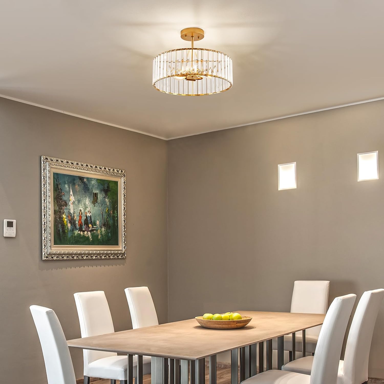 Modern Gold Semi Flush Mount Ceiling Light Crystal 3-Light Light Fixture 15.75 Inch Kitchen Ceiling Lighting for Living Room Bedroom Dining Room Bathroom Entryway (Bulb Not Included)