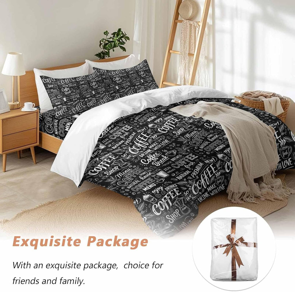 Black White Theme Duvet Cover Set Queen Size 4 Pieces Modern Bread Coffee Pot Milk Drink Minimalist Bedding Set with Zipper Closure, 1 Comforter Cover 90x92 Inches 1 Flat Sheet & 2 Pillow Cases