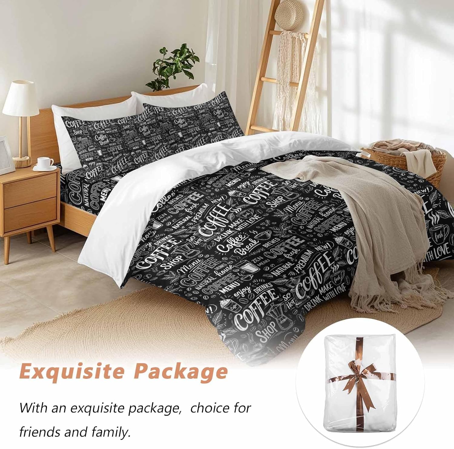 Black White Theme Duvet Cover Set Queen Size 4 Pieces Modern Bread Coffee Pot Milk Drink Minimalist Bedding Set with Zipper Closure, 1 Comforter Cover 90x92 Inches 1 Flat Sheet & 2 Pillow Cases