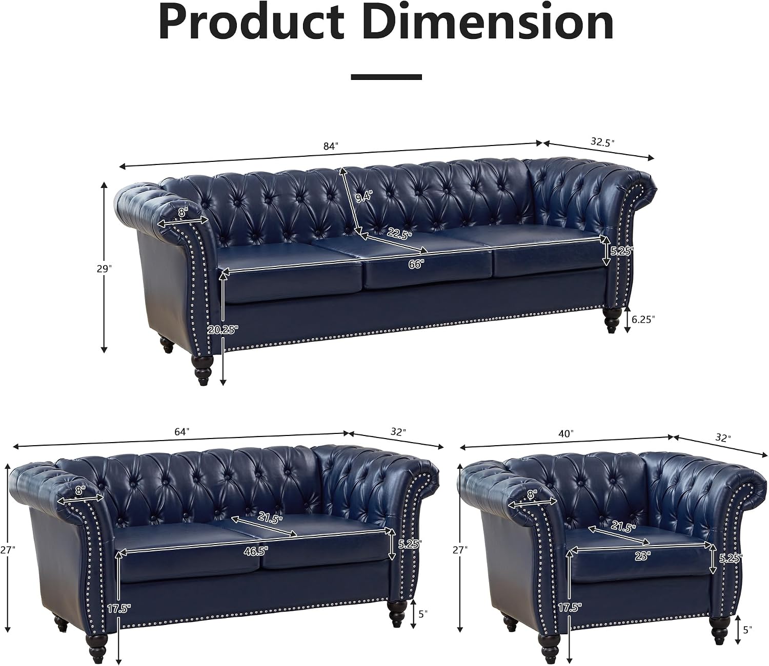 QHITTY 3 Piece Living Room Set, Sectional Chesterfield Sofa Chair Contemporary Upholstered Artificial Leather Loveseat Couch Sets for Living Room, Bedroom, Office (Blue)