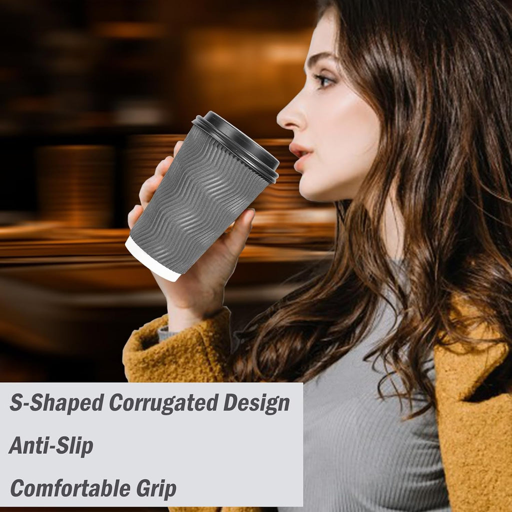 Lamosi 500 Pack - 16 oz Insulated Disposable Coffee Cups with Lids, To Go Paper Coffee Cups with Lids, Corrugated Ripple Wall Cup for Hot Drink Office Coffee Bar (Grey)