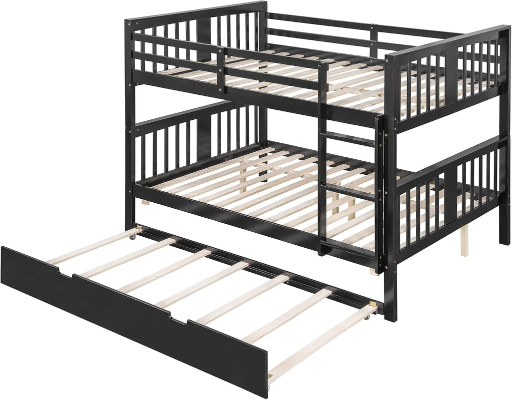 Harper & Bright Designs Full Over Full Bunk Bed with Trundle, Solid Wood Bunk Bed Frame with Ladders, Bedroom Furniture, Espresso