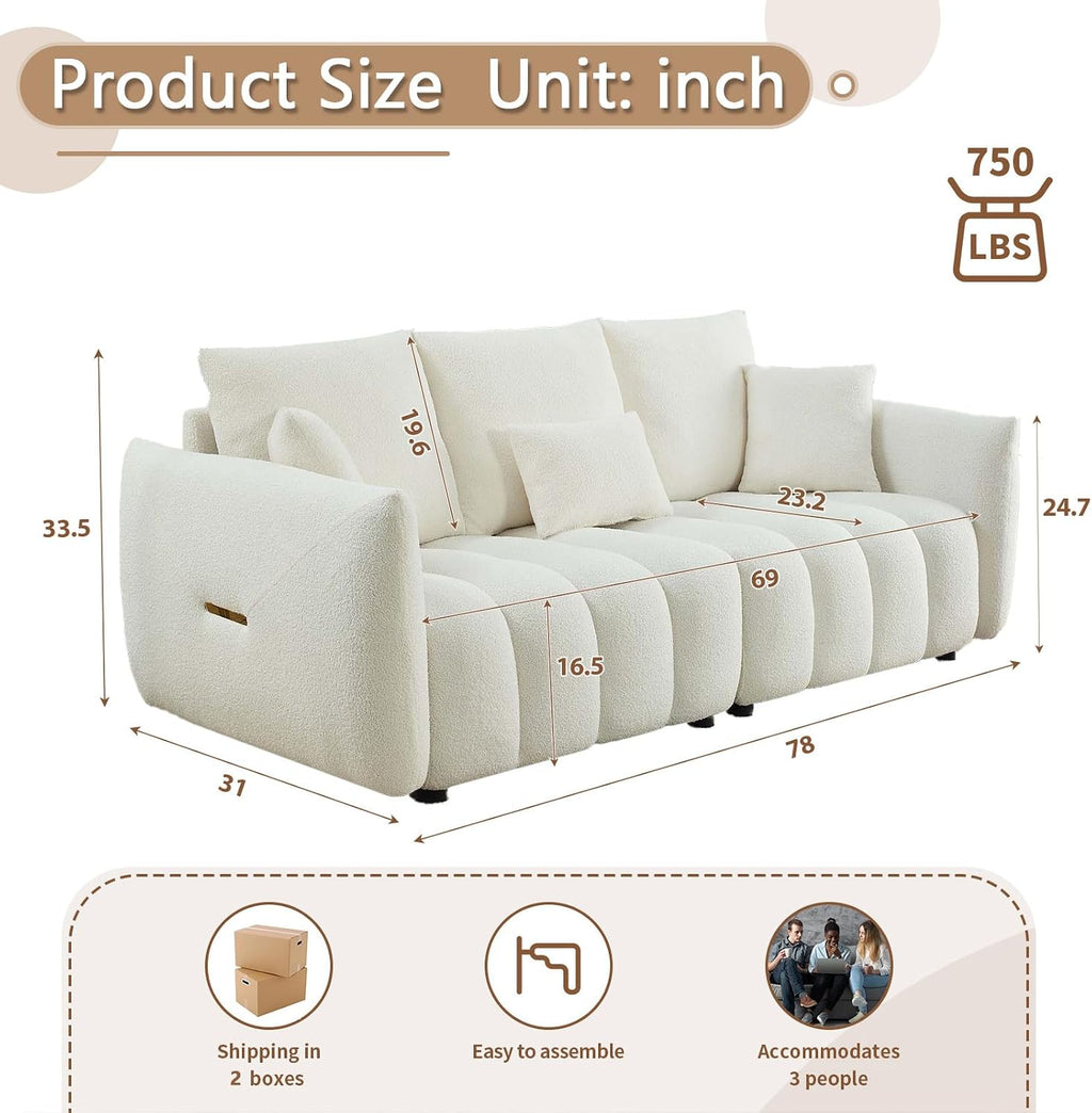 Antetek 78' Modern Sofa Couch, Comfy Deep Seat Teddy Cloud Sofa, Upholstered 3-Seater Boucle Couch, Oversized Loveseat for Living Room, Bedroom, Office, Apartment, Beige